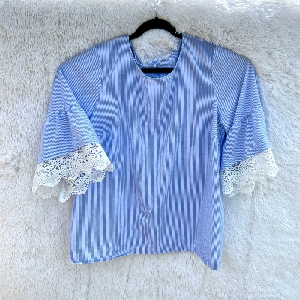 Jane and Delancy Size 2x Top White Blue Stripe Lace Boho Cottage